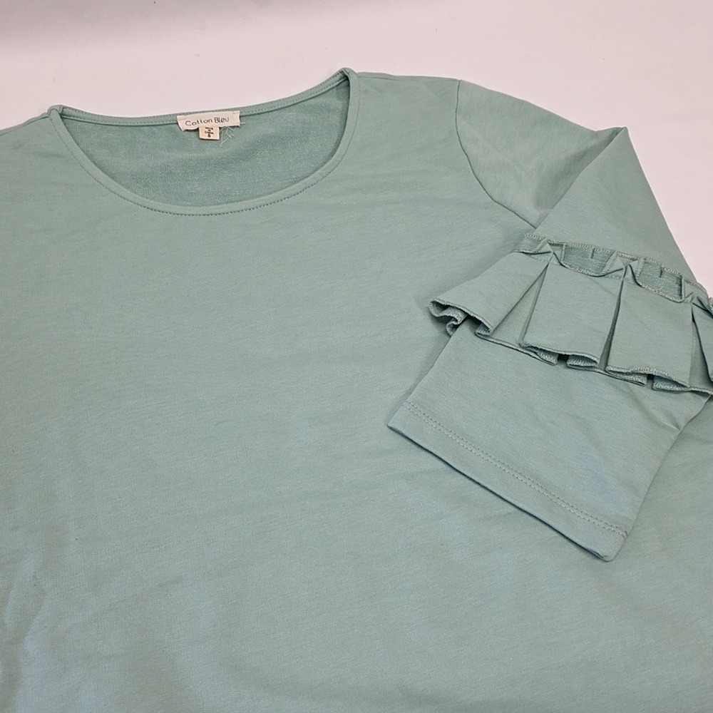 Cotton Bleu Top Womens‎ S Sage Green 3/4 Ruffle Sleeve Pleated Cottagecore Boho